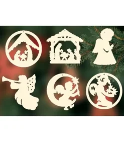 Décorations Bois Pour Sapin De Noël, 6 Crèches Et Anges - Set N° 3|Ratags, décos de Noël lumineuses en bois New