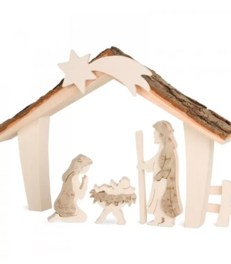 Etable De Bethleem Avec Figurines En Ecorce, 17 Cm|Waldfabrik, photophore en bois et étoile sapin de Noël Sale