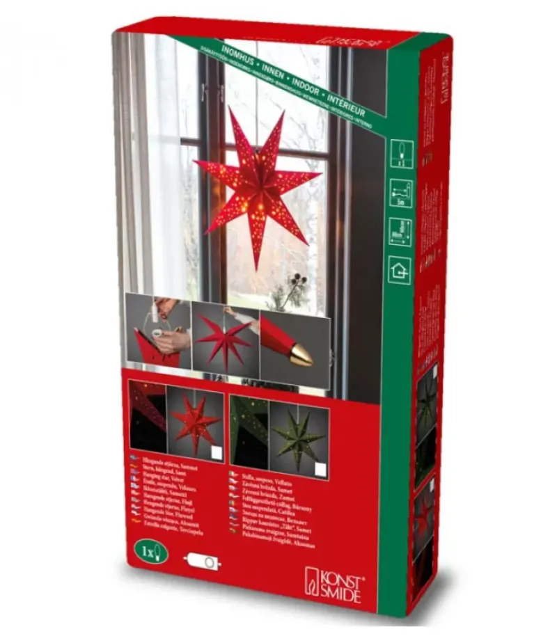 Etoile Lumineuse 7 Branches En Papier Velours Rouge A Suspendre, 60 Cm|Konstsmide, guirlandes lumineuses de Noël Clearance