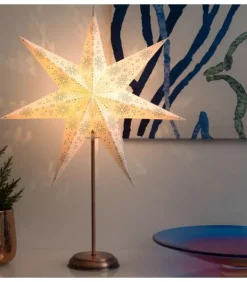 Etoile Lumineuse Electrique 7 Branches En Papier, Blanche, Sur Pied Cuivre 48 Cm|Konstsmide, guirlandes lumineuses de Noël Outlet