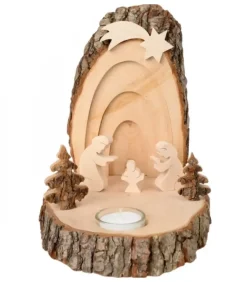 Petite Crèche De Noël En Ecorce De Bois Avec Sapins Et Bougeoir|Waldfabrik, photophore en bois et étoile sapin de Noël Discount