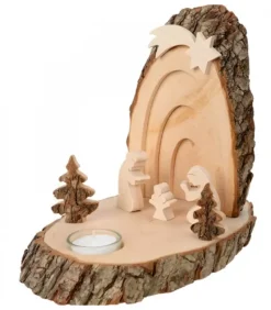 Petite Crèche De Noël En Ecorce De Bois Avec Sapins Et Bougeoir|Waldfabrik, photophore en bois et étoile sapin de Noël Discount