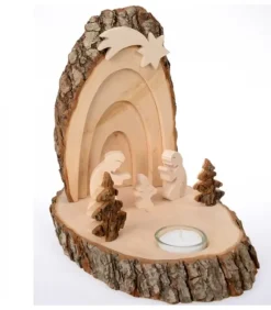 Petite Crèche De Noël En Ecorce De Bois Avec Sapins Et Bougeoir|Waldfabrik, photophore en bois et étoile sapin de Noël Discount