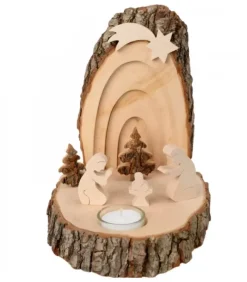 Petite Crèche De Noël En Ecorce De Bois Avec Sapins Et Bougeoir|Waldfabrik, photophore en bois et étoile sapin de Noël Discount