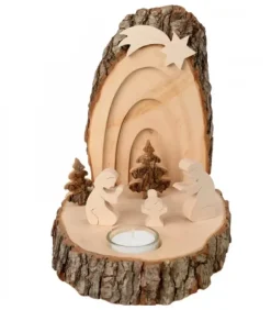 Petite Crèche De Noël En Ecorce De Bois Avec Sapins Et Bougeoir|Waldfabrik, photophore en bois et étoile sapin de Noël Discount