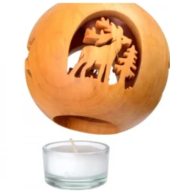 Photophore En Bois Forme Spherique, Motif Cerf En Foret|Waldfabrik, photophore en bois et étoile sapin de Noël Sale